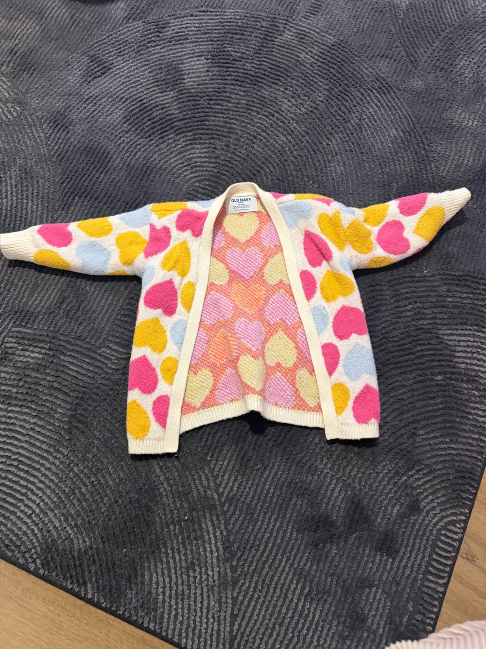 Old Navy Cream Cardigan with Pink, Yellow, Blue Hearts